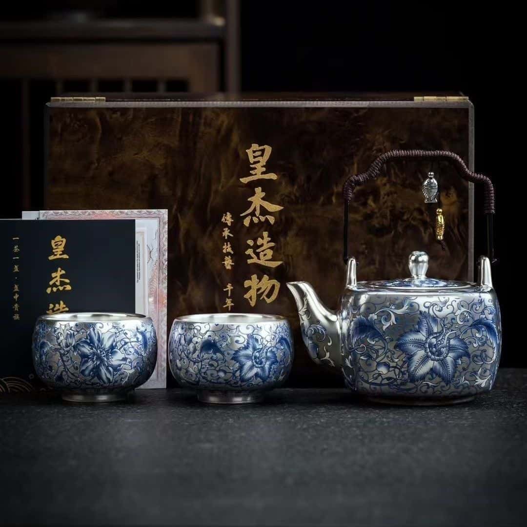 Handcrafted Silver-inlaid Ceramic Chinese Tea Set