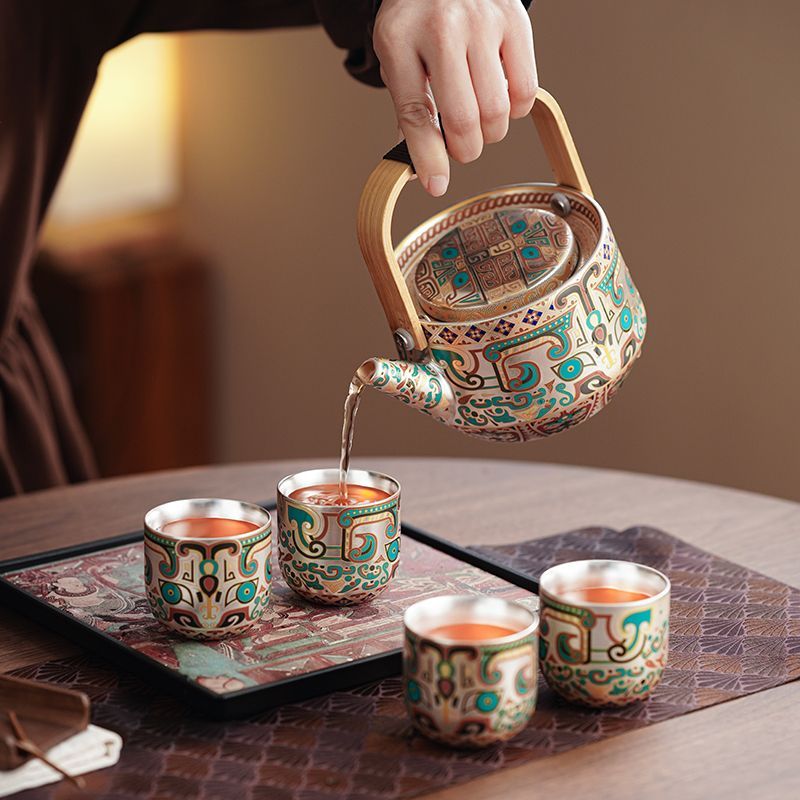 Handcrafted Silver-Gilt Ceramic Kung Fu Tea Set With Tea Tray