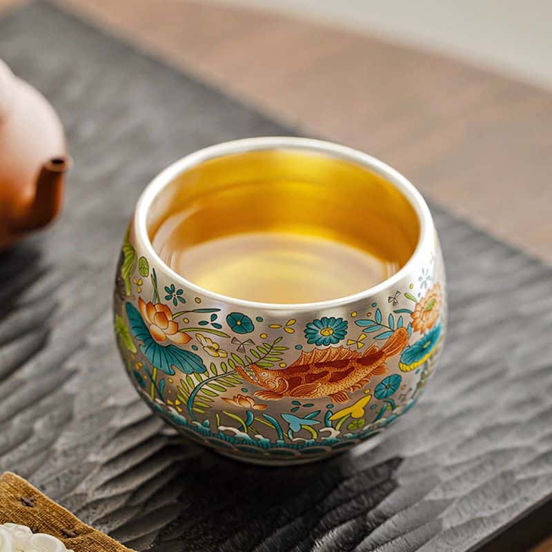 Handcrafted Jianzhan Teacup Sterling Silver Gilt Ceramic Enamel