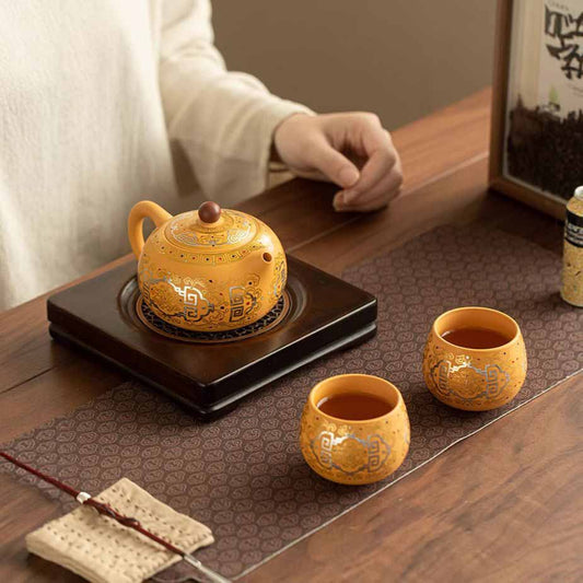 Handcrafted Yellow Clay, Purple San Gold And Silver Inlaid Ceramic Teapot And Teacup (One Pot And Two Cups)