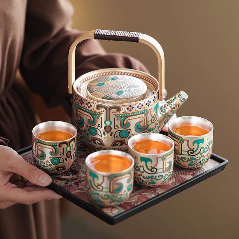 Handcrafted Silver-Gilt Ceramic Kung Fu Tea Set With Tea Tray