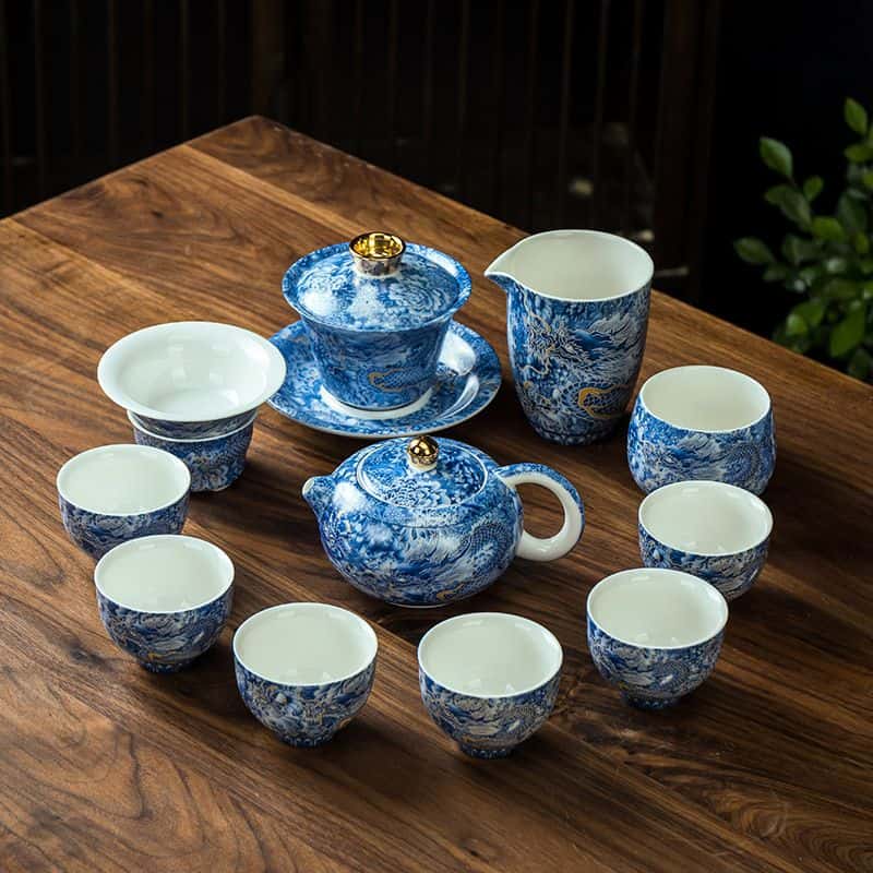 Handcrafted Silver Dragon Cloisonné Gongfu Tea Set – Enamel Mutton Fat Jade Gaiwan Teapot