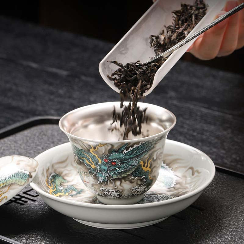 Handcrafted Azure Dragon 999 Fine Silver Tea Set