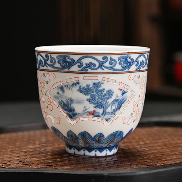 Blue and White Linglong Porcelain Hollow Teacup
