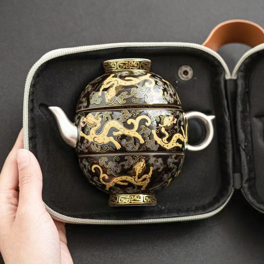Handcrafted 999 Silver-Gilt Ceramic Travel Tea Set