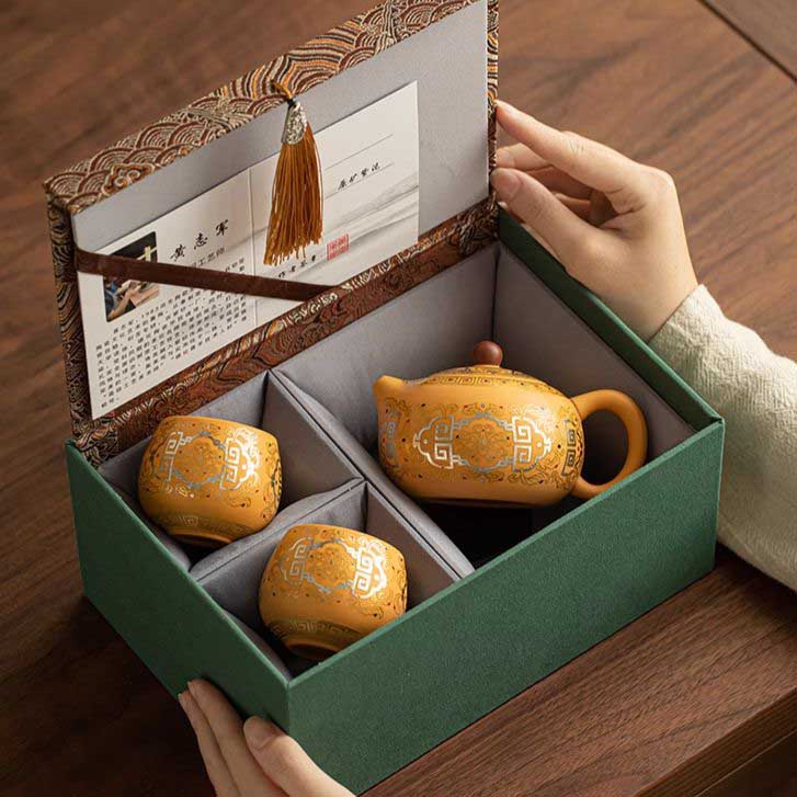 Handcrafted Yellow Clay, Purple San Gold And Silver Inlaid Ceramic Teapot And Teacup (One Pot And Two Cups)