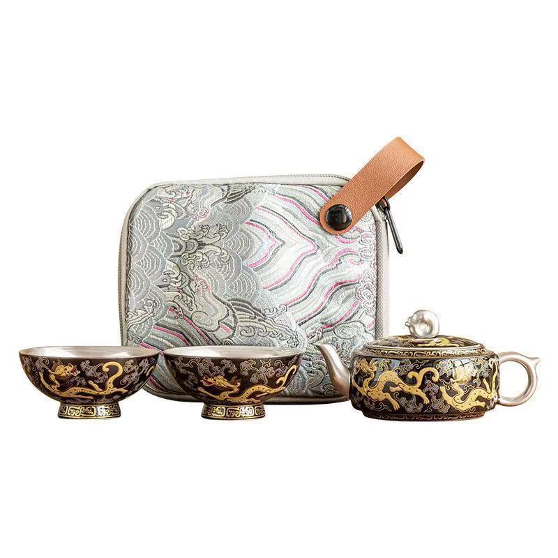 Handcrafted 999 Silver-Gilt Ceramic Travel Tea Set
