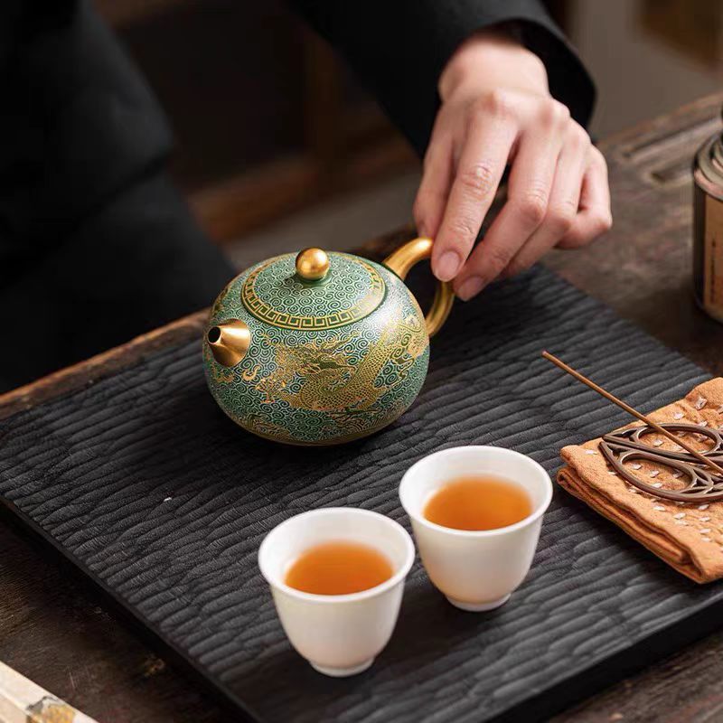 Master Zhou Hongjie Handcrafted Green Clay Yixing Teapot with Gold - Silver Inlay