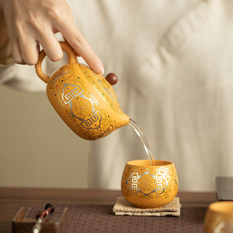Handcrafted Yellow Clay, Purple San Gold And Silver Inlaid Ceramic Teapot And Teacup (One Pot And Two Cups)