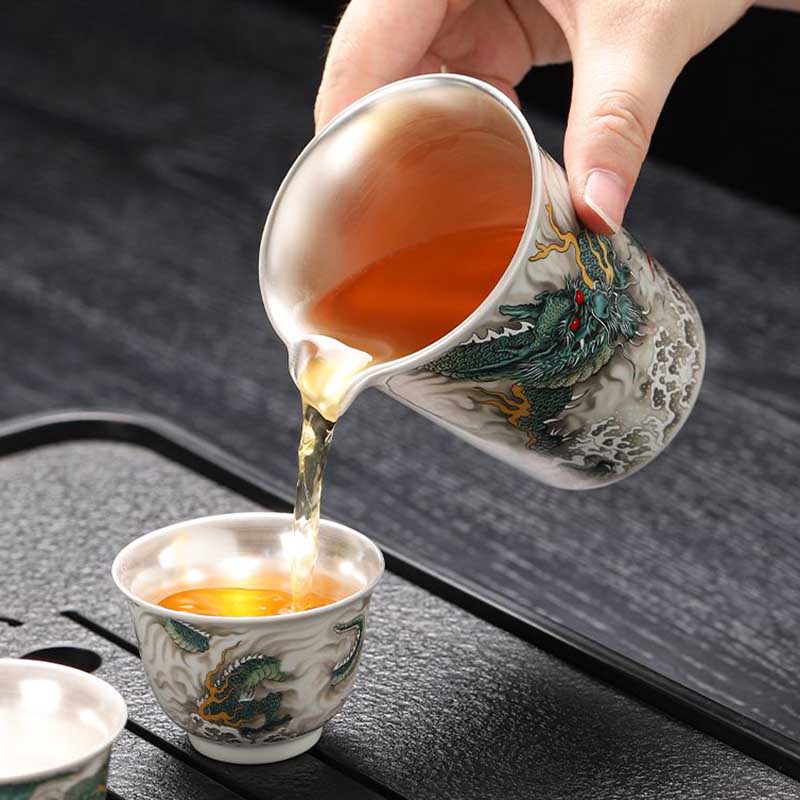 999 Fine Silver Dragon Tea Set – Porcelain with Silver Inlay Gaiwan & Teacups