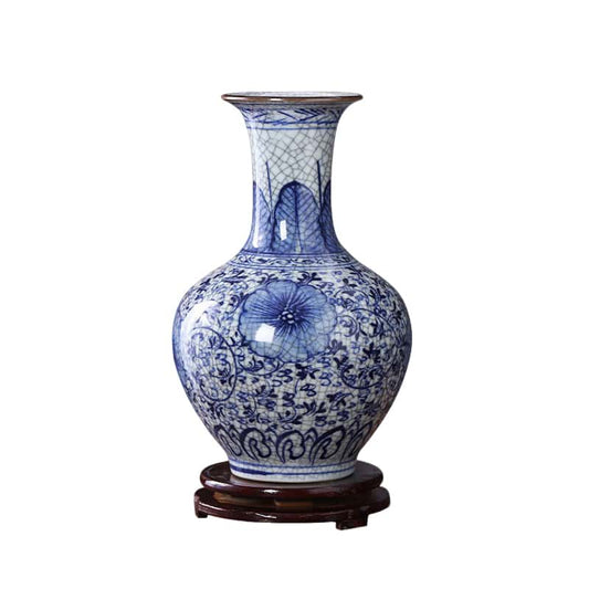Handcrafted Crackle Glaze Blue and White Porcelain Vase