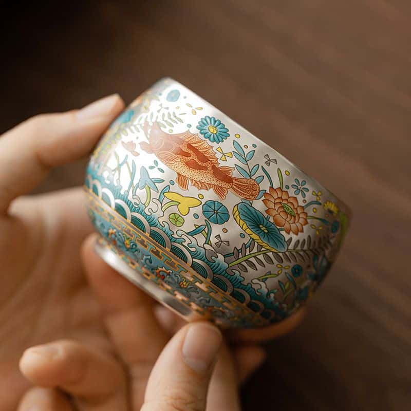 Handcrafted Jianzhan Teacup Sterling Silver Gilt Ceramic Enamel