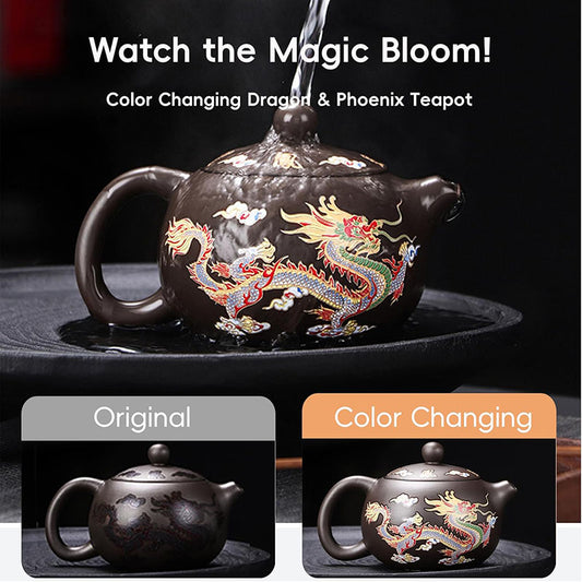 Yixing Zisha Teapot β Heat-Sensitive Color-Changing Xishi Pot with Dragon & Phoenix Design