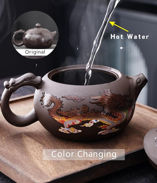 Yixing Zisha Teapot β Heat-Sensitive Color-Changing Xishi Pot with Dragon & Phoenix Design