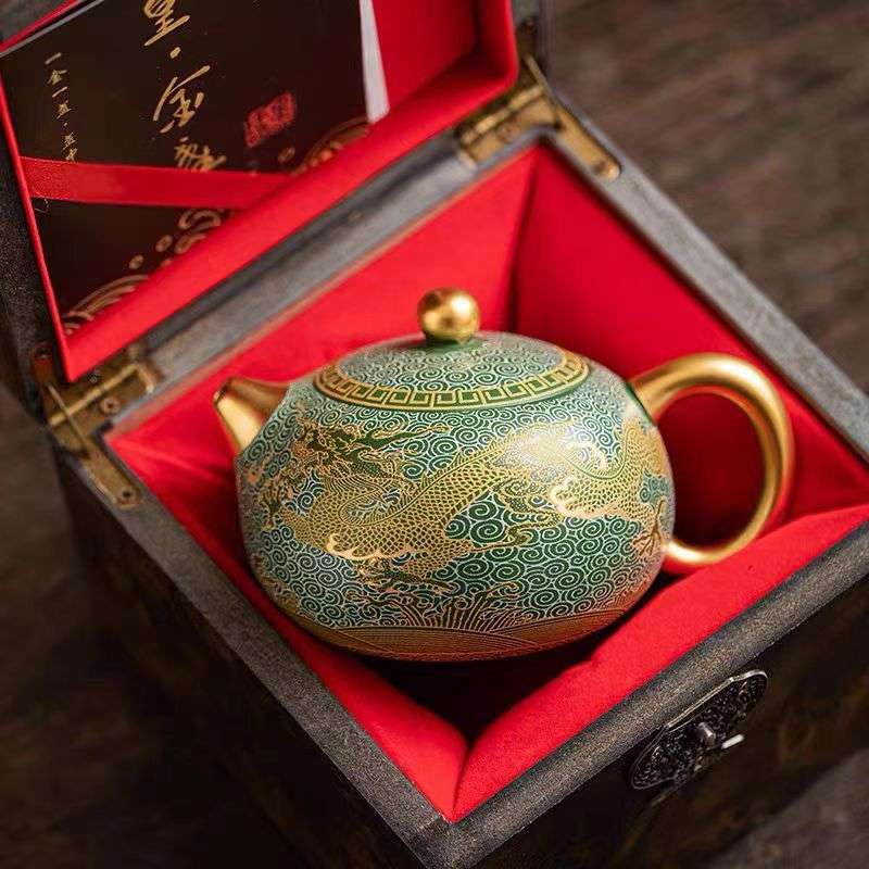 Master Zhou Hongjie Handcrafted Green Clay Yixing Teapot with Gold - Silver Inlay