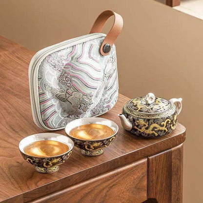 Handcrafted 999 Silver-Gilt Ceramic Travel Tea Set