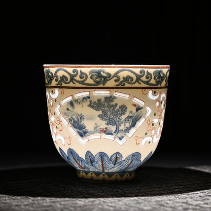 Blue and White Linglong Porcelain Hollow Teacup