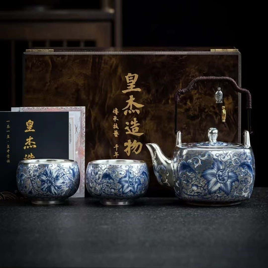 Handcrafted Silver-inlaid Ceramic Chinese Tea Set