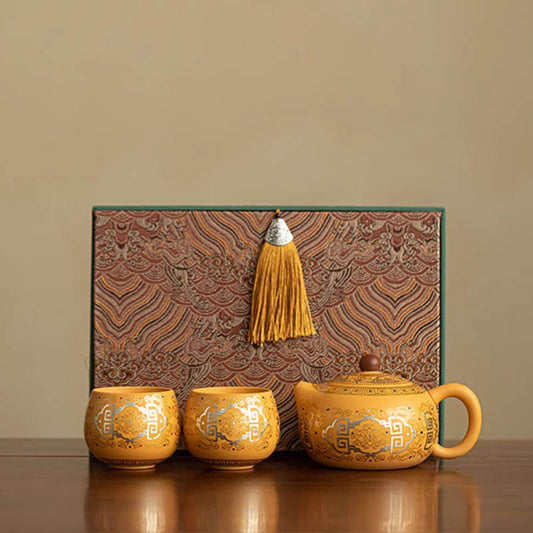 Handcrafted Yellow Clay, Purple San Gold And Silver Inlaid Ceramic Teapot And Teacup (One Pot And Two Cups)