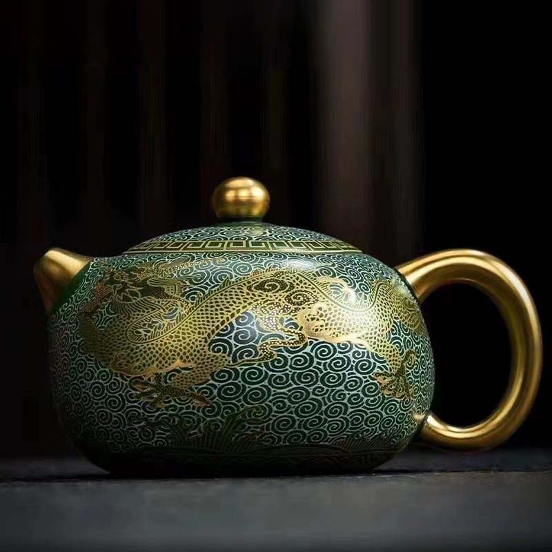 Master Zhou Hongjie Handcrafted Green Clay Yixing Teapot with Gold - Silver Inlay
