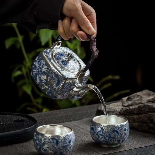 Handcrafted Silver-inlaid Ceramic Chinese Tea Set