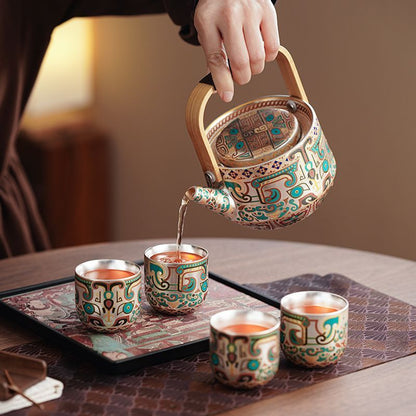 Handcrafted Silver-Gilt Ceramic Kung Fu Tea Set With Tea Tray