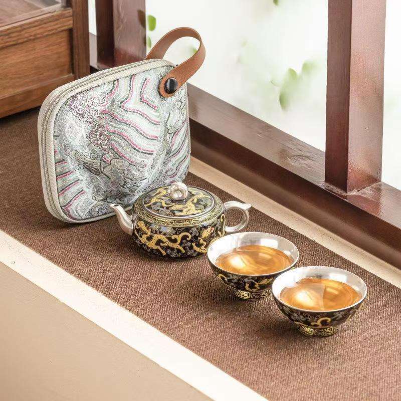 Handcrafted 999 Silver-Gilt Ceramic Travel Tea Set