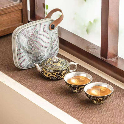 Handcrafted 999 Silver-Gilt Ceramic Travel Tea Set