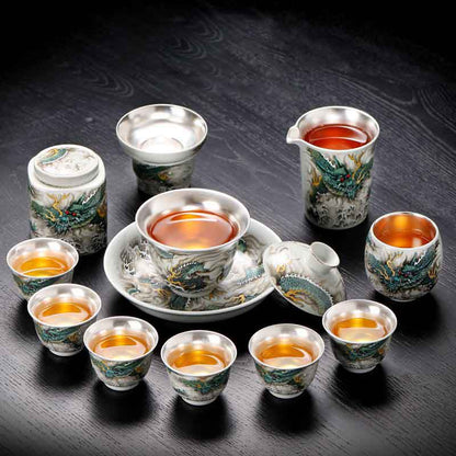 Handcrafted Azure Dragon 999 Fine Silver Tea Set