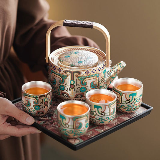 Handcrafted Silver-Gilt Ceramic Kung Fu Tea Set With Tea Tray