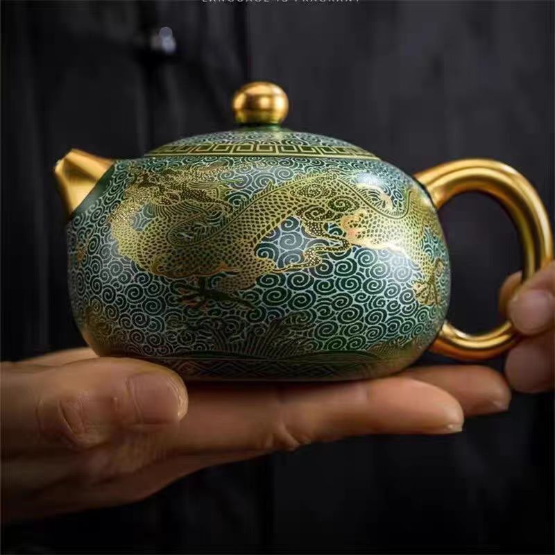 Master Zhou Hongjie Handcrafted Green Clay Yixing Teapot with Gold - Silver Inlay