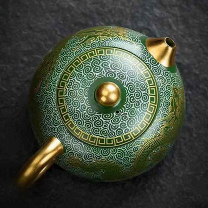 Master Zhou Hongjie Handcrafted Green Clay Yixing Teapot with Gold - Silver Inlay