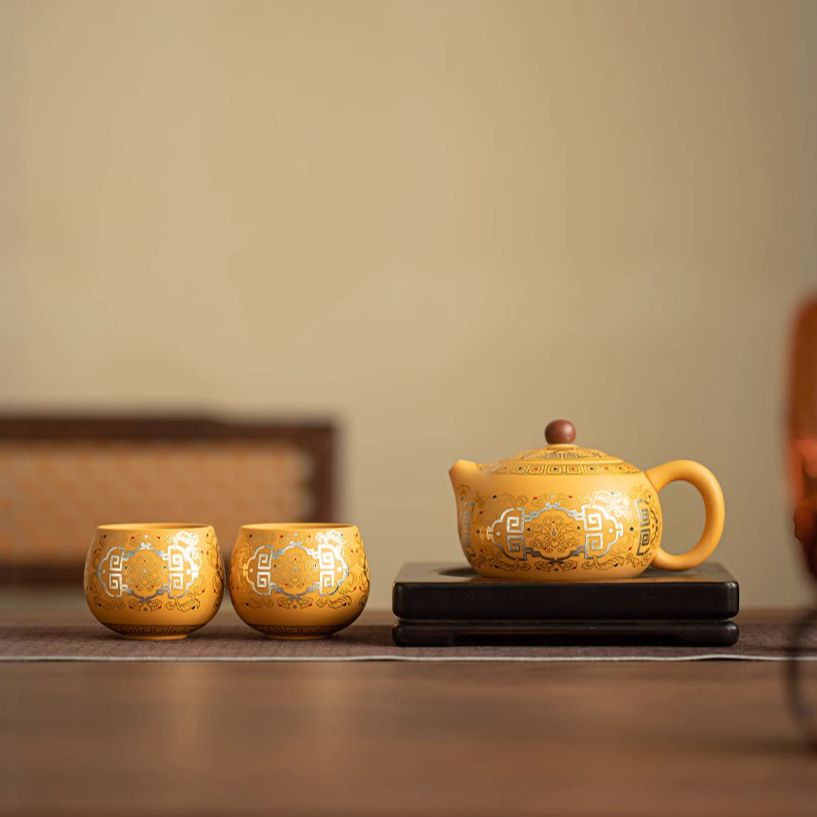 Handcrafted Yellow Clay, Purple San Gold And Silver Inlaid Ceramic Teapot And Teacup (One Pot And Two Cups)