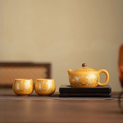 Handcrafted Yellow Clay, Purple San Gold And Silver Inlaid Ceramic Teapot And Teacup (One Pot And Two Cups)