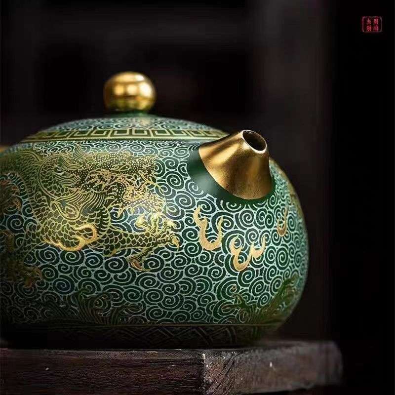 Master Zhou Hongjie Handcrafted Green Clay Yixing Teapot with Gold - Silver Inlay
