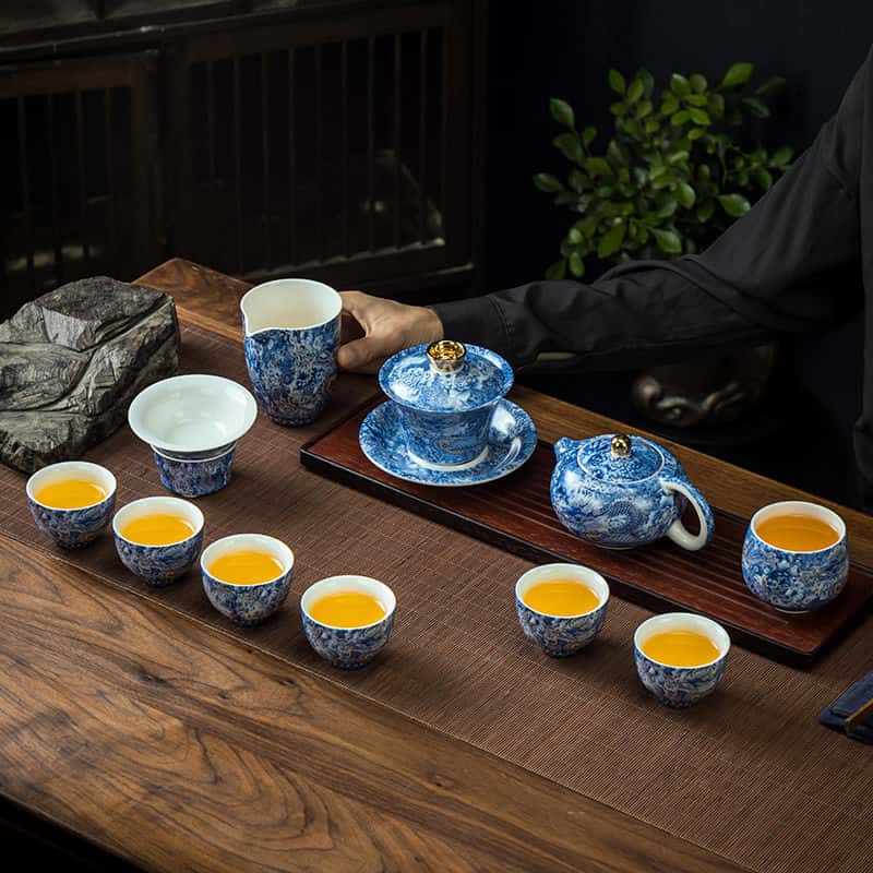 Handcrafted Silver Dragon Cloisonné Gongfu Tea Set – Enamel Mutton Fat Jade Gaiwan Teapot