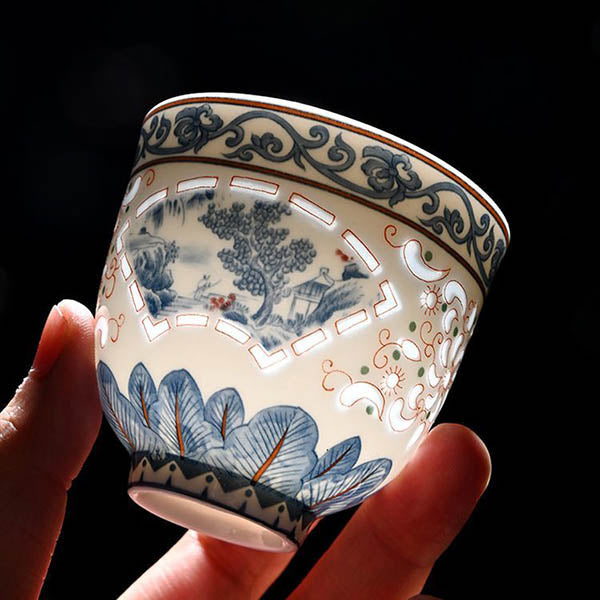 Blue and White Linglong Porcelain Hollow Teacup
