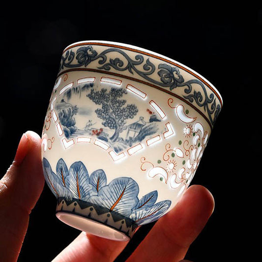 Blue and White Linglong Porcelain Hollow Teacup