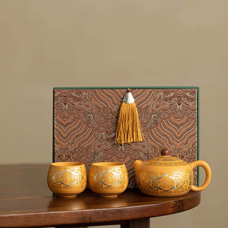 Handcrafted Yellow Clay, Purple San Gold And Silver Inlaid Ceramic Teapot And Teacup (One Pot And Two Cups)