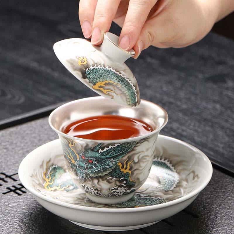 Handcrafted Azure Dragon 999 Fine Silver Tea Set