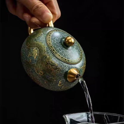 Master Zhou Hongjie Handcrafted Green Clay Yixing Teapot with Gold - Silver Inlay
