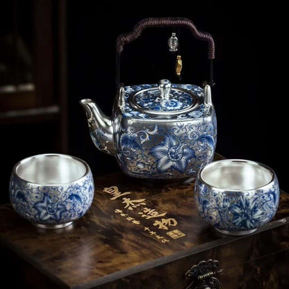 Handcrafted Silver-inlaid Ceramic Chinese Tea Set