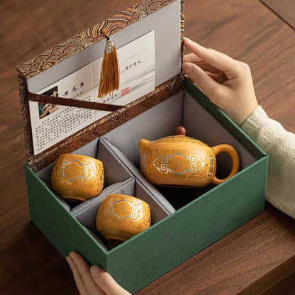 Handcrafted Yellow Clay, Purple San Gold And Silver Inlaid Ceramic Teapot And Teacup (One Pot And Two Cups)