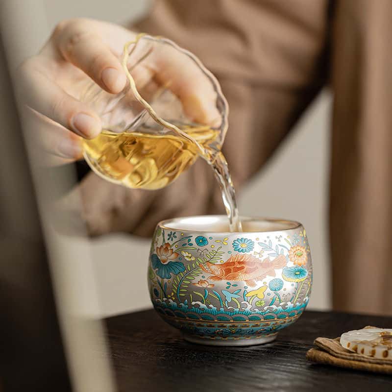 Handcrafted Jianzhan Teacup Sterling Silver Gilt Ceramic Enamel