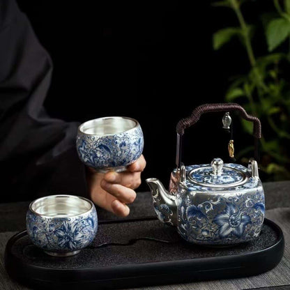 Handcrafted Silver-inlaid Ceramic Chinese Tea Set