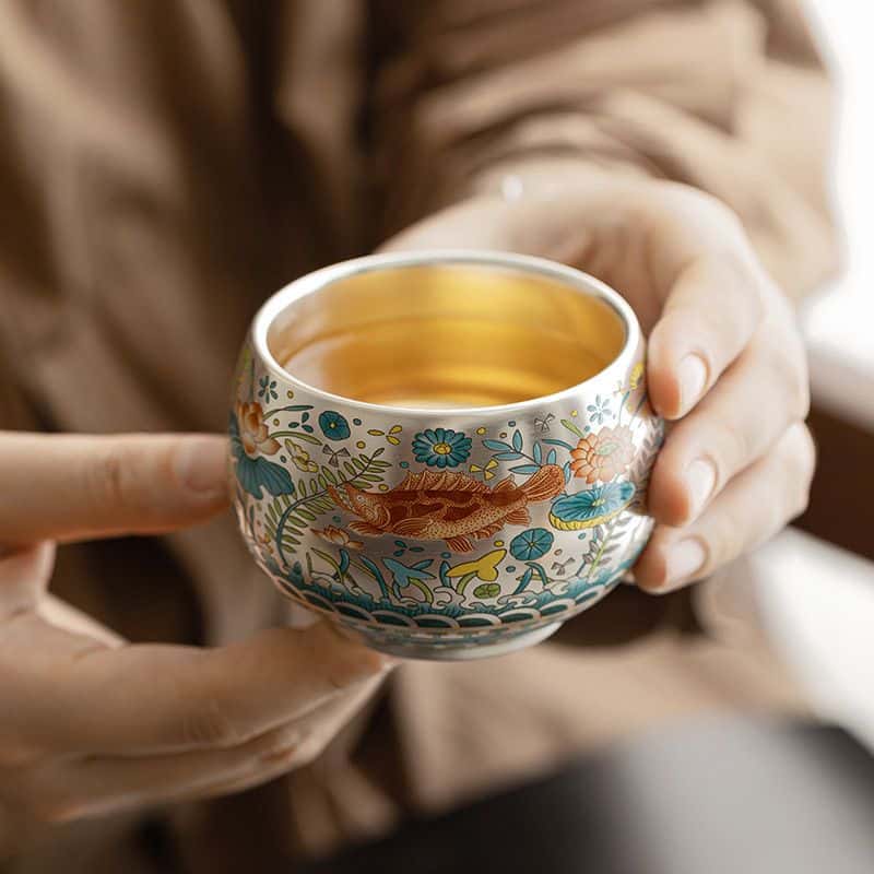 Handcrafted Jianzhan Teacup Sterling Silver Gilt Ceramic Enamel
