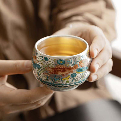 Handcrafted Jianzhan Teacup Sterling Silver Gilt Ceramic Enamel