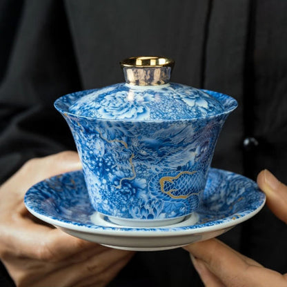 Handcrafted Silver Dragon Cloisonné Gongfu Tea Set – Enamel Mutton Fat Jade Gaiwan Teapot