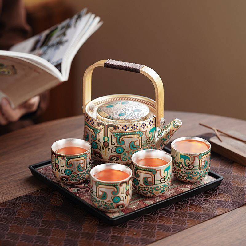 Handcrafted Silver-Gilt Ceramic Kung Fu Tea Set With Tea Tray