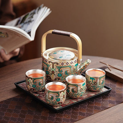 Handcrafted Silver-Gilt Ceramic Kung Fu Tea Set With Tea Tray